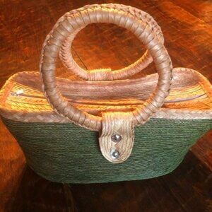 Vintage Woven Straw Bag with Green Accents